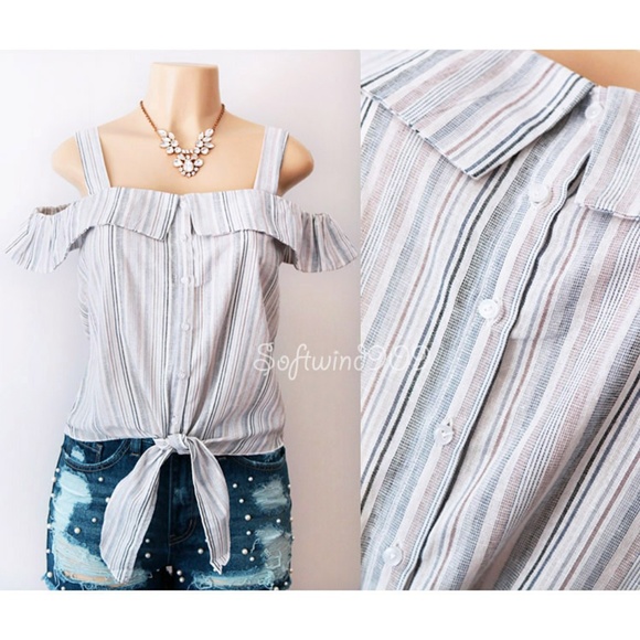 Miss Morena Tops - Last☝️ Striped Off Shoulder Button Tie Front Top